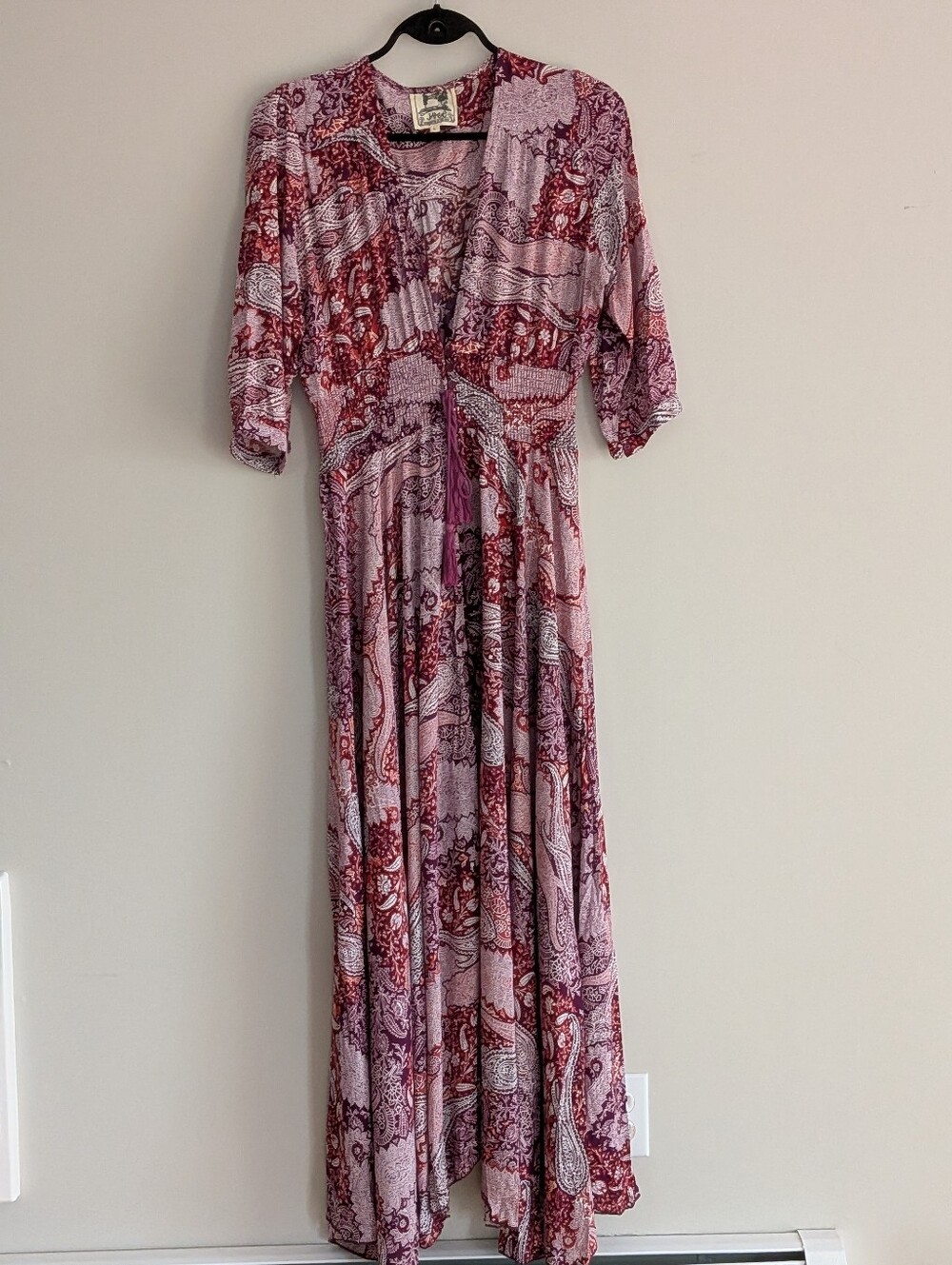 Jaase Burgundy Paisley Smocked Waist High Slit Maxi Dress Large